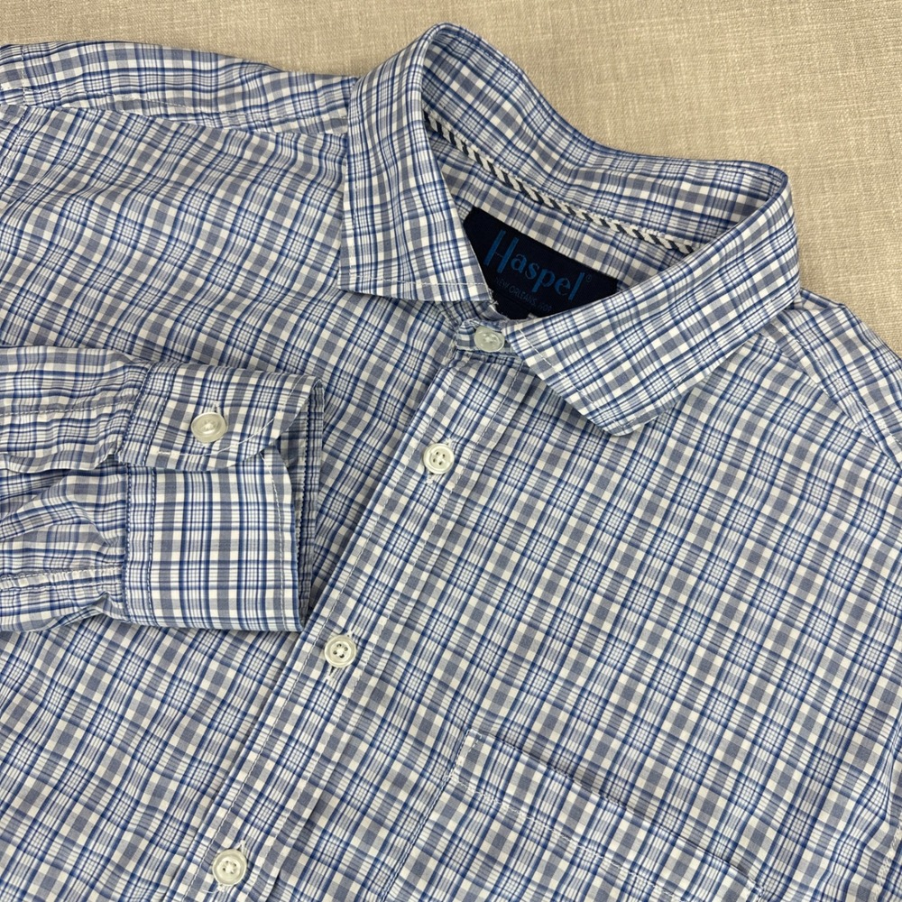Haspel Button Down Shirt Mens Medium Blue White Plaid Made in Italy Long Sleeve